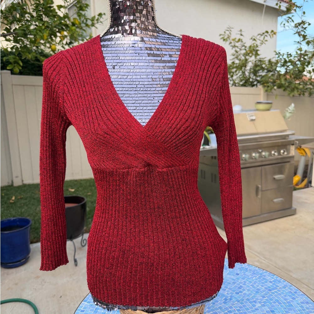 Nine West Red V-Neck Ribbed Sweater